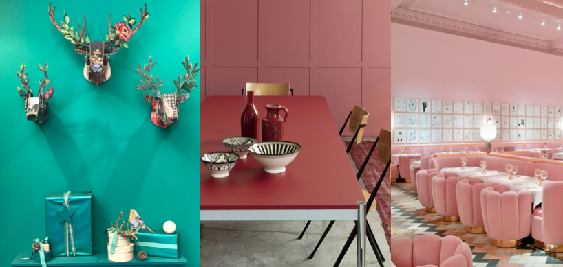 retro 70's ruby, millennial pink and teal retail design colour trend